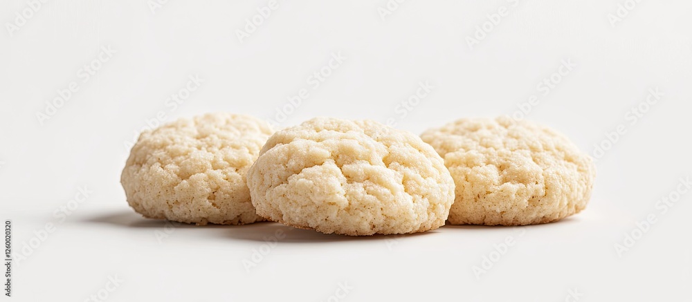 Close-up of three vanilla cookies on a clean white background, showcasing their textured surface and soft, golden-brown edges in natural light. Close-up of three vanilla cookies on a clean white background, showcasing their textured surface and soft, golden-brown edges in natural light.