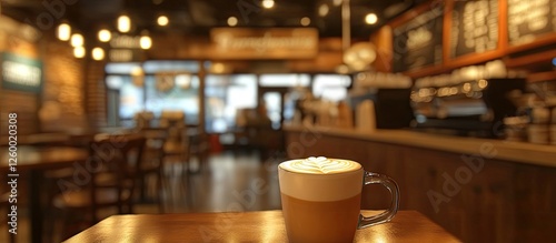 Cozy coffee shop interior featuring a warm beverage in a glass mug on a wooden table warm colors and soft lighting creating a comforting ambiance photo