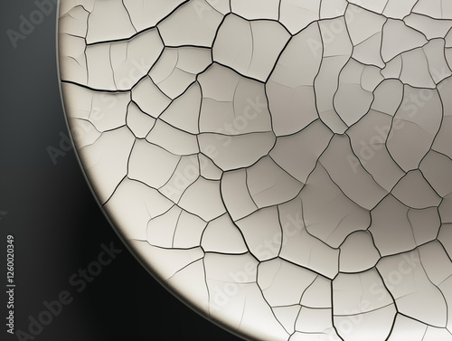 A close-up of a cracked ceramic plate, highlighting the intricate cracks and surface textures, illuminated by soft lighting to bring out its weathered charm and detail. photo