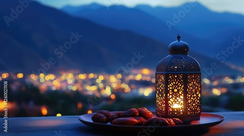 Tea light candle on a holder with mountainous backdrop at night. photo