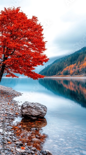 Vibrant red maple tree by a calm lake reflecting autumn colors and serene mountain scenery in a peaceful setting