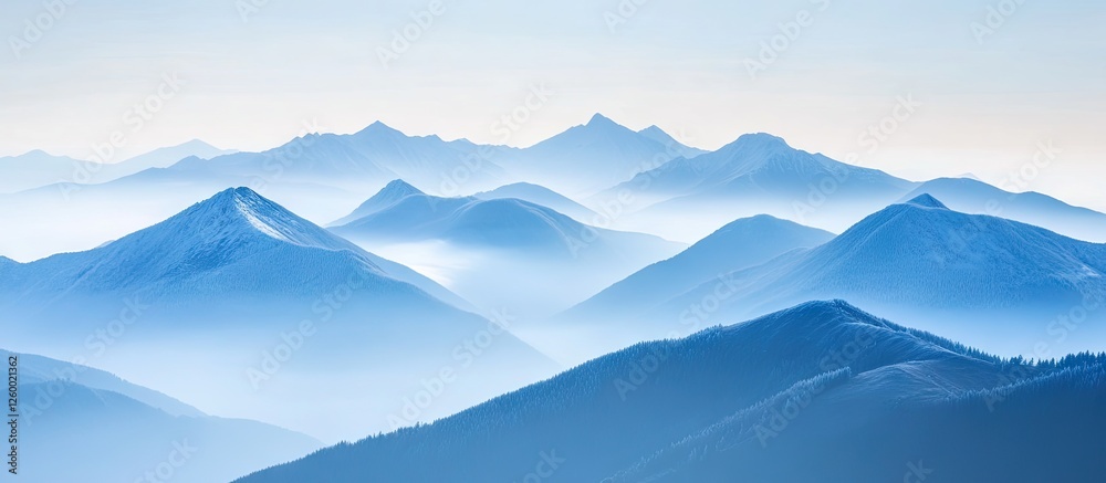 Serene blue mountain landscape with layered peaks in soft focus, gently blending shades of blue and gray, creating a tranquil atmosphere. Serene blue mountain landscape with layered peaks in soft focus, gently blending shades of blue and gray, creating a tranquil atmosphere.