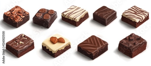 Assorted chocolate brownies arranged in two rows showcasing rich dark, creamy white, and nut-topped varieties against a white background.