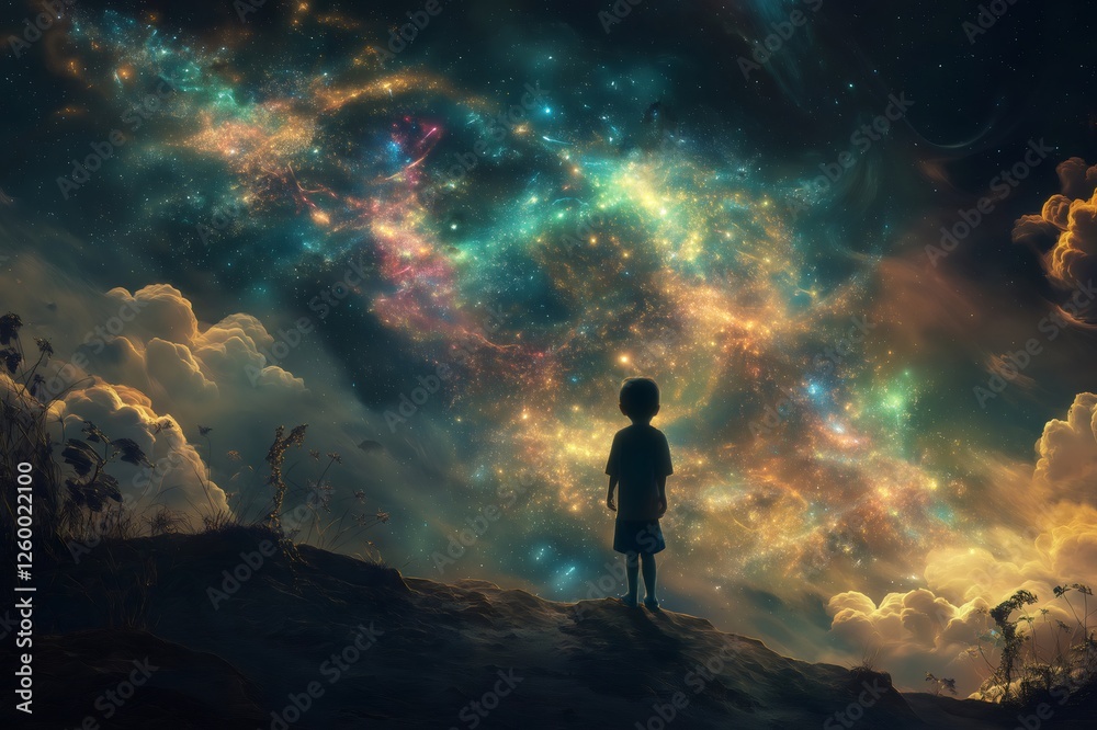 Silhouette of a child looking at a breathtaking nebula in a starry night sky, inspiring awe and wonder in the vastness of space Silhouette of a child looking at a breathtaking nebula in a starry night sky, inspiring awe and wonder in the vastness of space