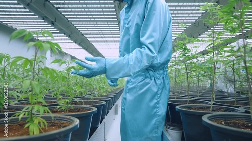 Expert weed grower in blue protective suit working inside cannabis farm, standing on the room aisle indoor plantation greenhouse, marijuana strains, thc cbd for alternative medication, cannabis 