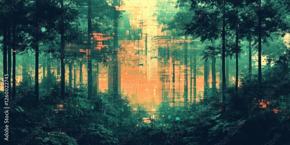 Naklejka premium Trees stand tall amidst an overlay of geometric digital abstractions