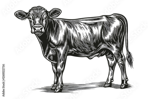 Hand-drawn vintage cow illustration in woodcut engraving style with fine details