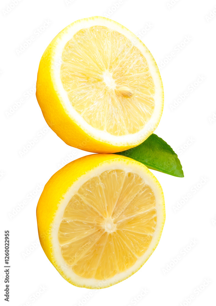 Yellow lemon fruits cut into two halves or pieces with green leaf in stack isolated with clipping path in png file format Yellow lemon fruits cut into two halves or pieces with green leaf in stack isolated with clipping path in png file format