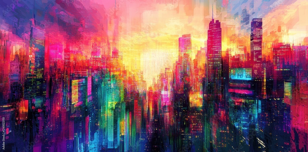 Fototapeta premium Vibrant cityscape painting displays colorful skyscrapers at dawn or dusk