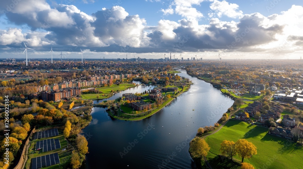Aerial View of Vibrant Autumn City with River Parks and Landmarks Aerial View of Vibrant Autumn City with River Parks and Landmarks
