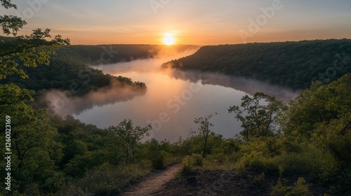 Sunrise over misty river valley, scenic landscape view from high vantage point, path leading down.