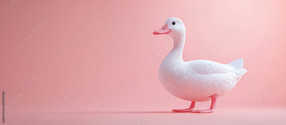 Fototapeta premium A white duck stands gracefully on a soft pink background, creating a serene and playful atmosphere