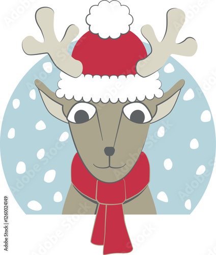 Cute reindeer wearing a Santa Claus hat. Banner with the head of a reindeer dressed as Santa Claus