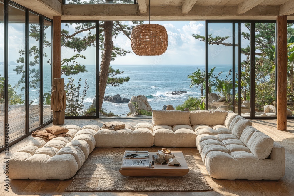 Fototapeta premium Japandi inspired beach house coastal location interior design serene environment wide viewpoint contemporary concept