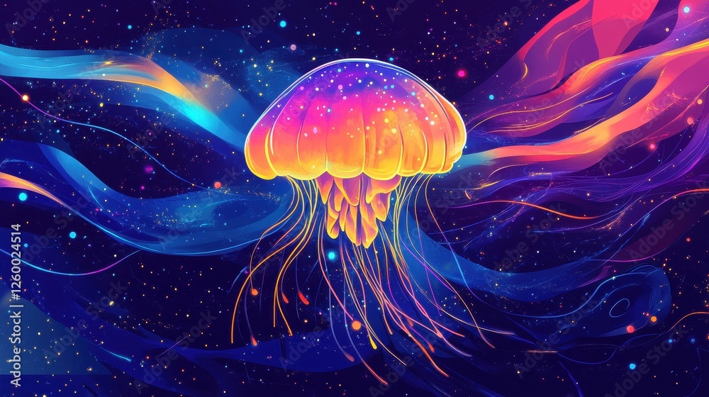 Fototapeta premium Colorful cosmic jellyfish floats amidst a celestial starry backdrop