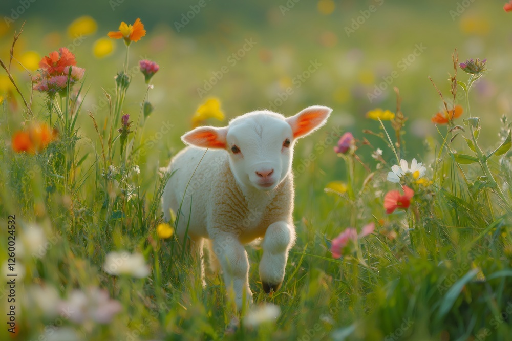 Fototapeta premium Charming white lamb joyfully explores a meadow bursting with colorful wildflowers, creating a heartwarming scene of springtime innocence