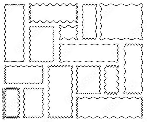 Set of rectangle frames with wavy edges. Zigzag wavy edges, rectangles, photo frames, text boxes, tags, labels. Vector illustration.