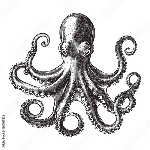 Hand-Drawn Ink Octopus Artwork with Curled Tentacles in Vintage Nautical Style