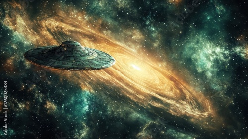 Ufo flying through colorful nebula and distant stars