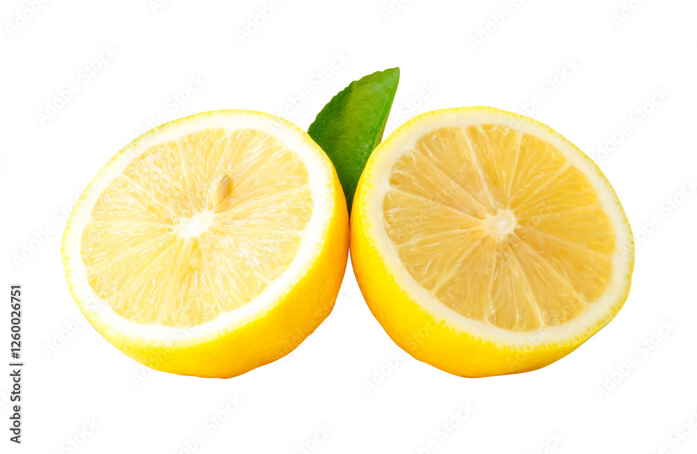 Yellow lemon fruits cut into two halves or pieces with green leaf in stack isolated with clipping path in png file format Yellow lemon fruits cut into two halves or pieces with green leaf in stack isolated with clipping path in png file format