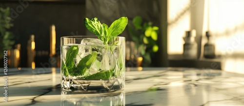 Revitalizing cocktail glass filled with fresh herbs and ice cubes elegantly positioned on a sleek marble bar surface with soft lighting photo