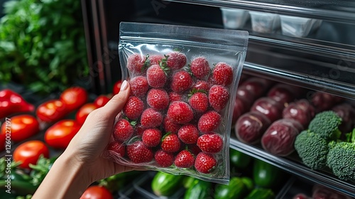 a plastic bag with frozen strawberries and a zip top closure is held by a female hand in front of an open freezer containing other vegetable