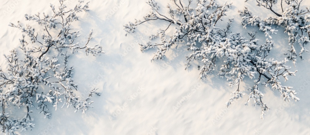 Fototapeta premium Evergreen branches in the foreground covered in white snow against a soft white background creating a serene winter landscape in nature