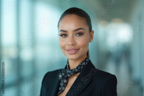 Head and shoulders Portrait of an elegant stylish Saint Lucian young female flight attendant in uniform.