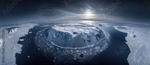 Aerial fisheye view of Earth showcasing ice-covered Arctic landscapes and expansive ocean, with dark blue tones and swirling clouds above। photo