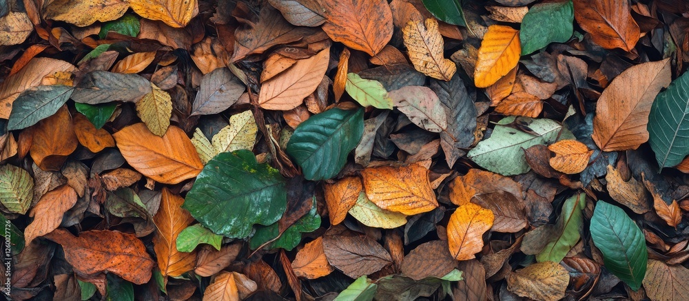 Dried leaves in shades of brown and green scattered across the forest floor with lush greenery surrounding them showcasing nature's beauty Dried leaves in shades of brown and green scattered across the forest floor with lush greenery surrounding them showcasing nature's beauty