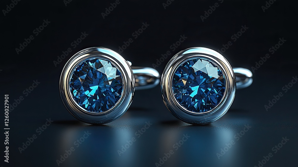 a realistic vector illustration of a pair of silver or chrome cufflinks featuring a blue gem set apart against a dark backgroun a realistic vector illustration of a pair of silver or chrome cufflinks featuring a blue gem set apart against a dark backgroun