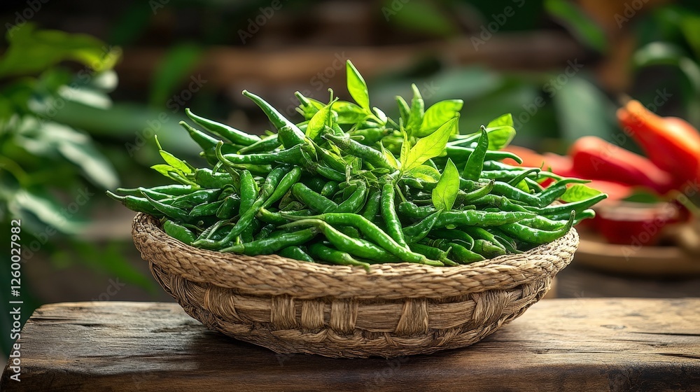 A woven basket filled with fresh green chili peppers, showcasing vibrant colors and natural setting. A woven basket filled with fresh green chili peppers, showcasing vibrant colors and natural setting.