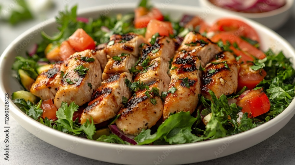 Grilled chicken breast salad with tomatoes, cucumbers, and fresh herbs Grilled chicken breast salad with tomatoes, cucumbers, and fresh herbs