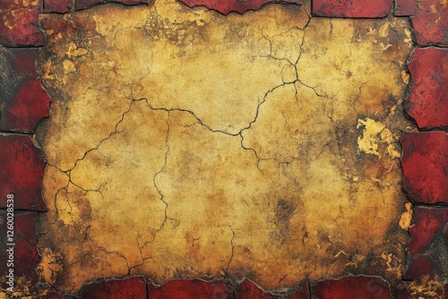 Textured cracked wall with rust-red border and golden yellow center creating a vintage atmosphere