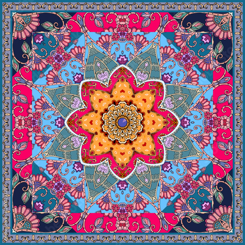 Bright bandana print with floral mandala. Colorful ornament with ethnic motifs. Decorative vector pattern. Fashion accessory. Square print for shawl, carpet, pillow.