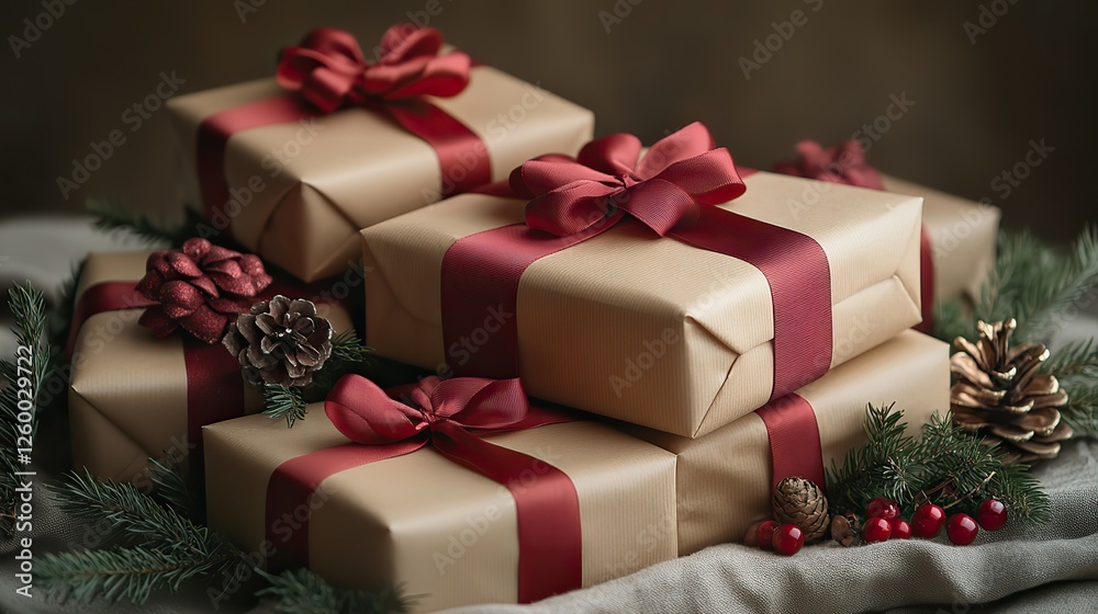Obraz premium a simple arrangement of presents with red ribbons on a clean backdrop