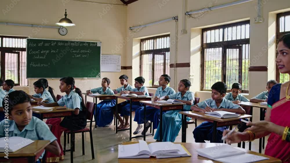 Traditional dressed indian teacher guiding elementary students during engaging classroom lesson, sharing educational knowledge while pupils listen and learn