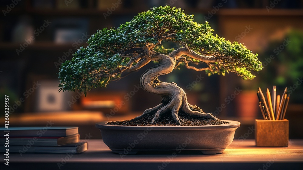 A meticulously crafted bonsai tree sits on a wooden table, illuminated by warm light, next to books and pencils. A meticulously crafted bonsai tree sits on a wooden table, illuminated by warm light, next to books and pencils.
