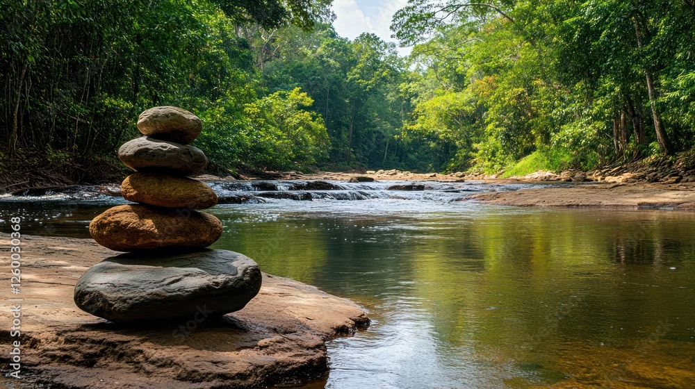 Balanced stones by tranquil river, lush rainforest background; nature meditation Balanced stones by tranquil river, lush rainforest background; nature meditation