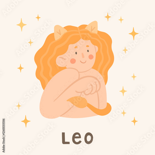 Leo - zodiac sign. Cartoon vector illustrations in flat style. Beautiful woman with lion tail and ears. Astrology symbol. Template for greeting card or banner