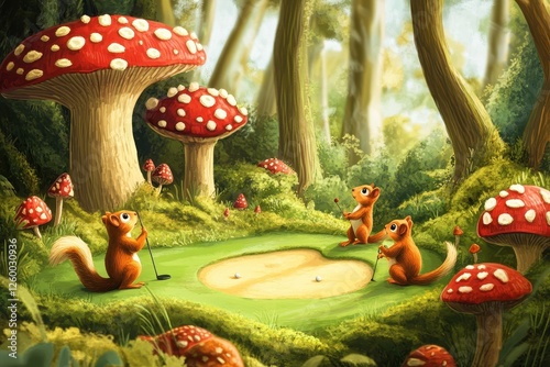 Wallpaper Mural Squirrels play golf on a mushroomfilled fairy tale course Torontodigital.ca