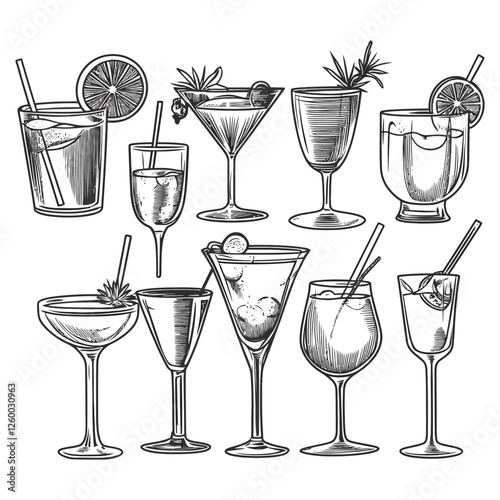 Collection of Hand-Drawn Cocktail Glasses in Vintage Engraved Woodcut Style