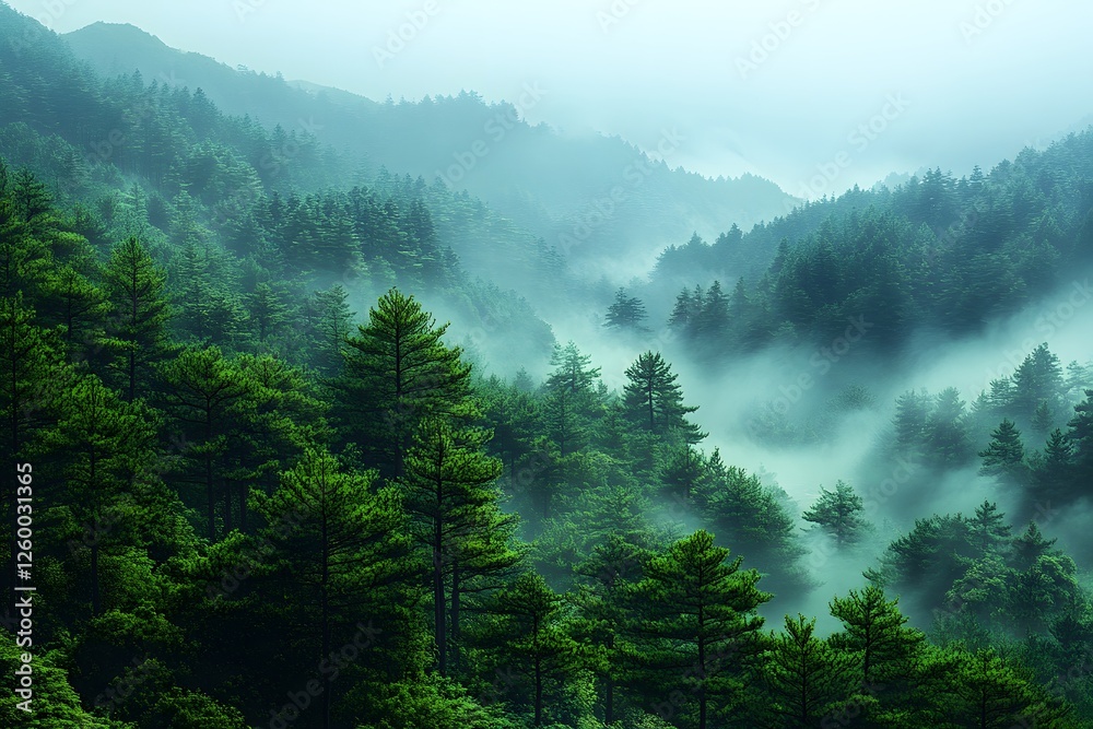 Mystical Foggy Pine Forest Landscape in Misty Mountains for Nature Prints Mystical Foggy Pine Forest Landscape in Misty Mountains for Nature Prints