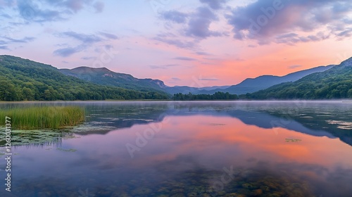 Serene sunrise over calm lake reflecting colorful sky and mountains. (2)