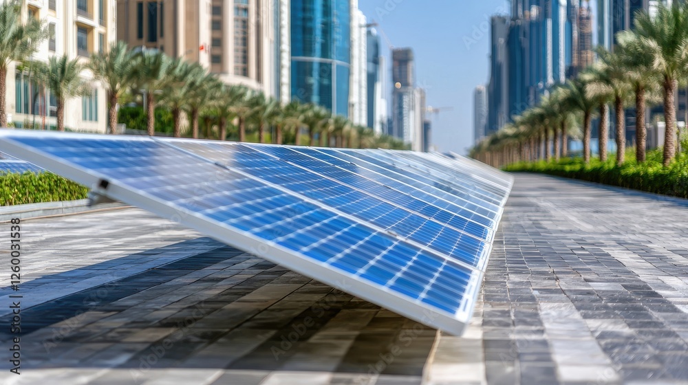Fototapeta premium Solar panels city street renewable energy