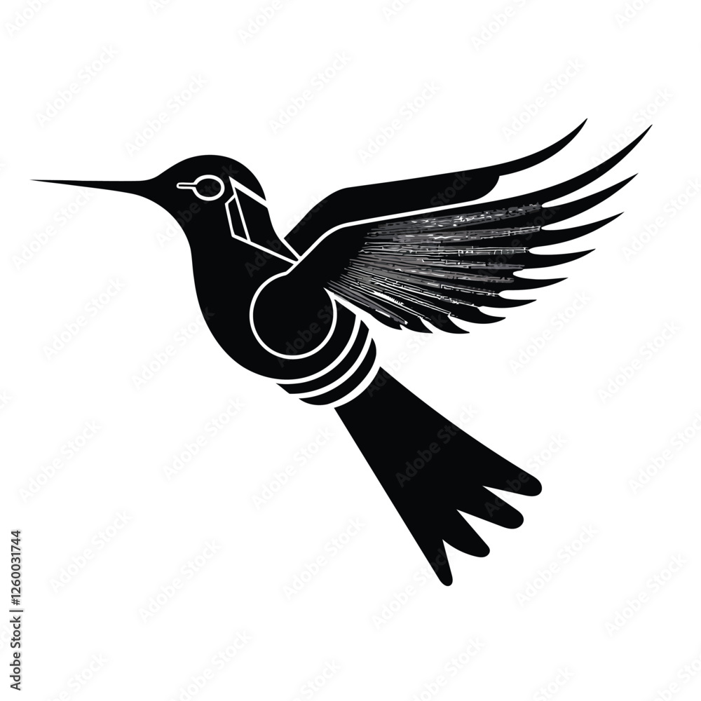 Fototapeta premium Futuristic Cybernetic Hummingbird in Black and White Digital Art Style