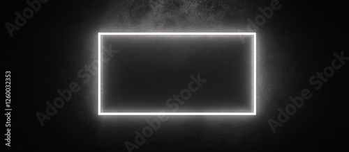 Bright white neon rectangle frame glowing against a black background creating striking contrast and emphasizing luminosity and shape in dark atmosphere.