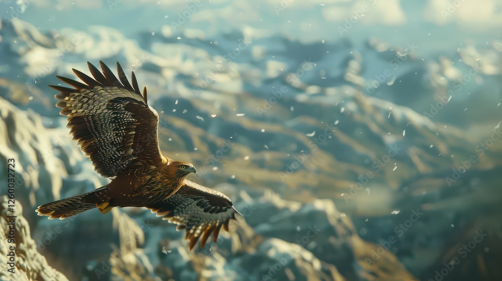 Fototapeta premium A hawk soaring over rugged mountain peaks, its sharp eyes scanning the terrain, with a blurred backdrop of valleys and distant snow-covered peaks. 