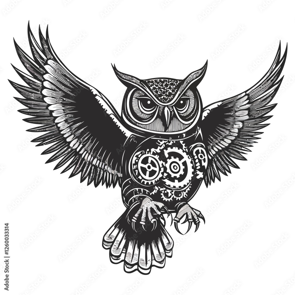 Obraz premium Intricate Vintage Steampunk Owl Illustration with Wings and Mechanical Gear Elements
