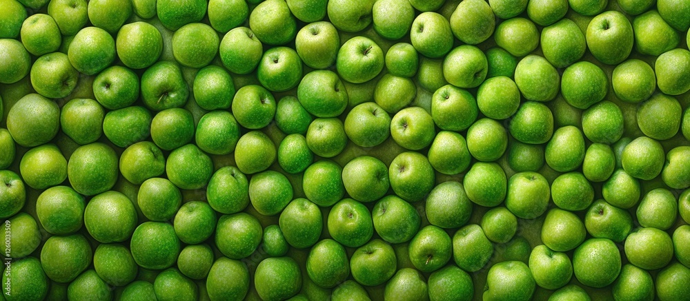 Vibrant green apples piled closely together create a seamless backdrop of fresh fruit with a lively texture and abundance of healthy crispness